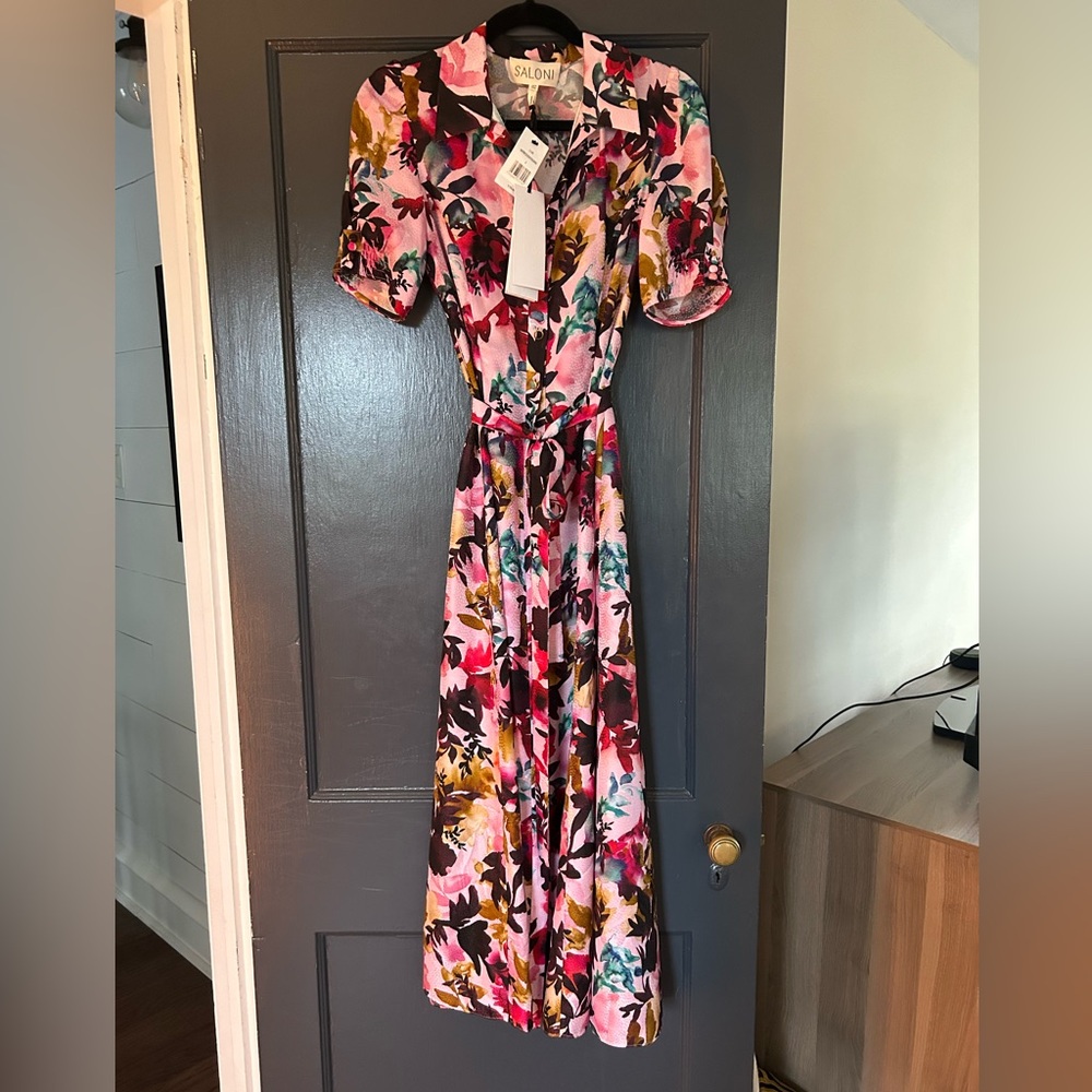 Saloni Vanessa Floral Silk Tie-Waist Shirtdress 4 NWT - Picture 2 of 10